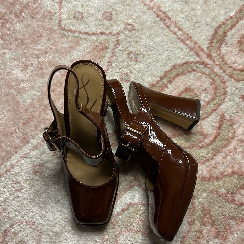 Brown Patent Platform Mary Jane Slingback Heels